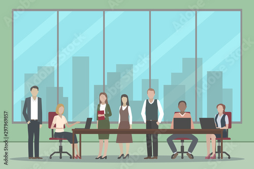 Teamwork in office of international company. Vector illustration.