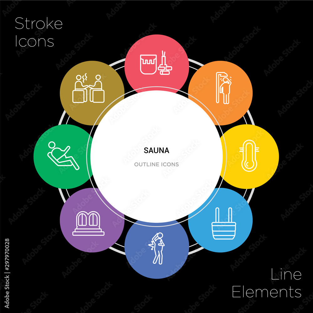 8 sauna concept stroke icons infographic design on black background 8 sauna concept stroke icons infographic design on black background