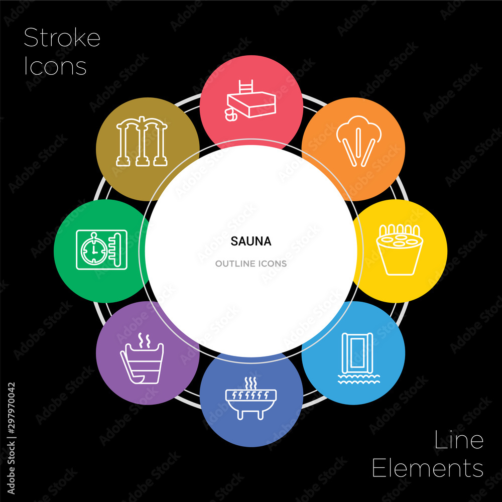 8 sauna concept stroke icons infographic design on black background 8 sauna concept stroke icons infographic design on black background