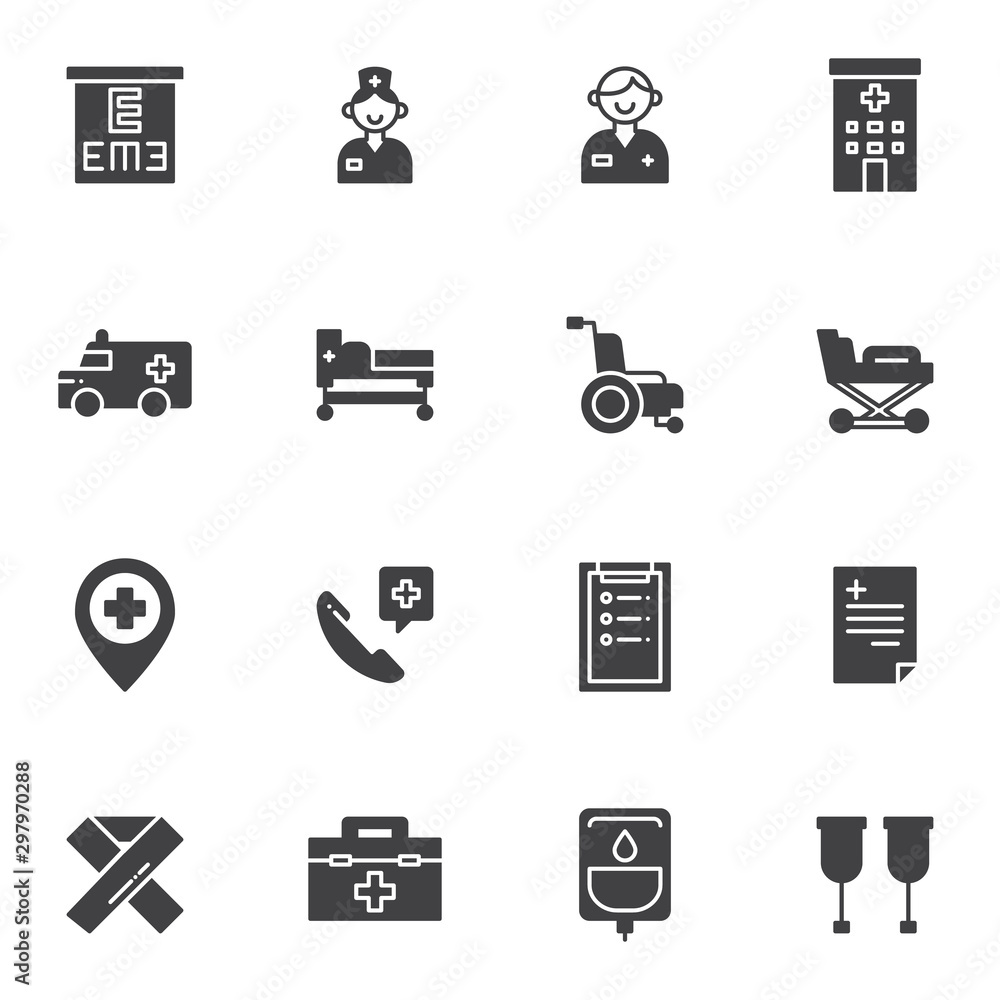 Ambulance vector icons set, modern solid symbol collection filled style pictogram pack. Signs logo illustration. Set includes icons as doctor, nurse, hospital building, wheelchair, stretcher, crutches Ambulance vector icons set, modern solid symbol collection filled style pictogram pack. Signs logo illustration. Set includes icons as doctor, nurse, hospital building, wheelchair, stretcher, crutches