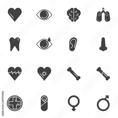 Medical service vector icons set, modern solid symbol collection, filled style pictogram pack. Signs, logo illustration. Set includes icons as heart cardiogram, brain, surgery, dentist, traumatologist