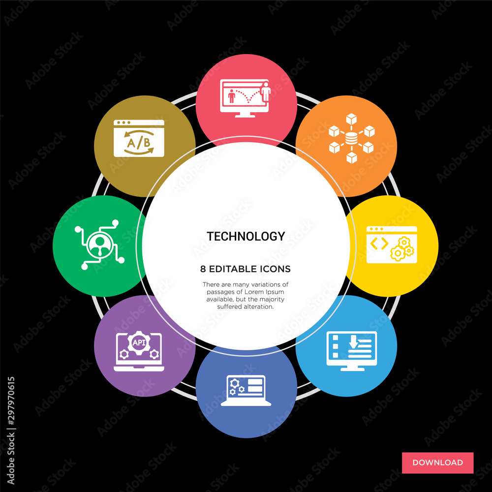 8 technology concept icons infographic design. technology concept infographic design on black background 8 technology concept icons infographic design. technology concept infographic design on black background