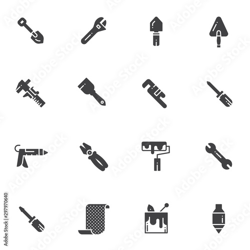 Home repair tool vector icons set, modern solid symbol collection, filled style pictogram pack. Signs, logo illustration. Set includes icons as screwdriver, wrench, construction trowel, paint roller