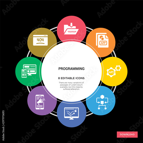8 programming concept icons infographic design. programming concept infographic design on black background