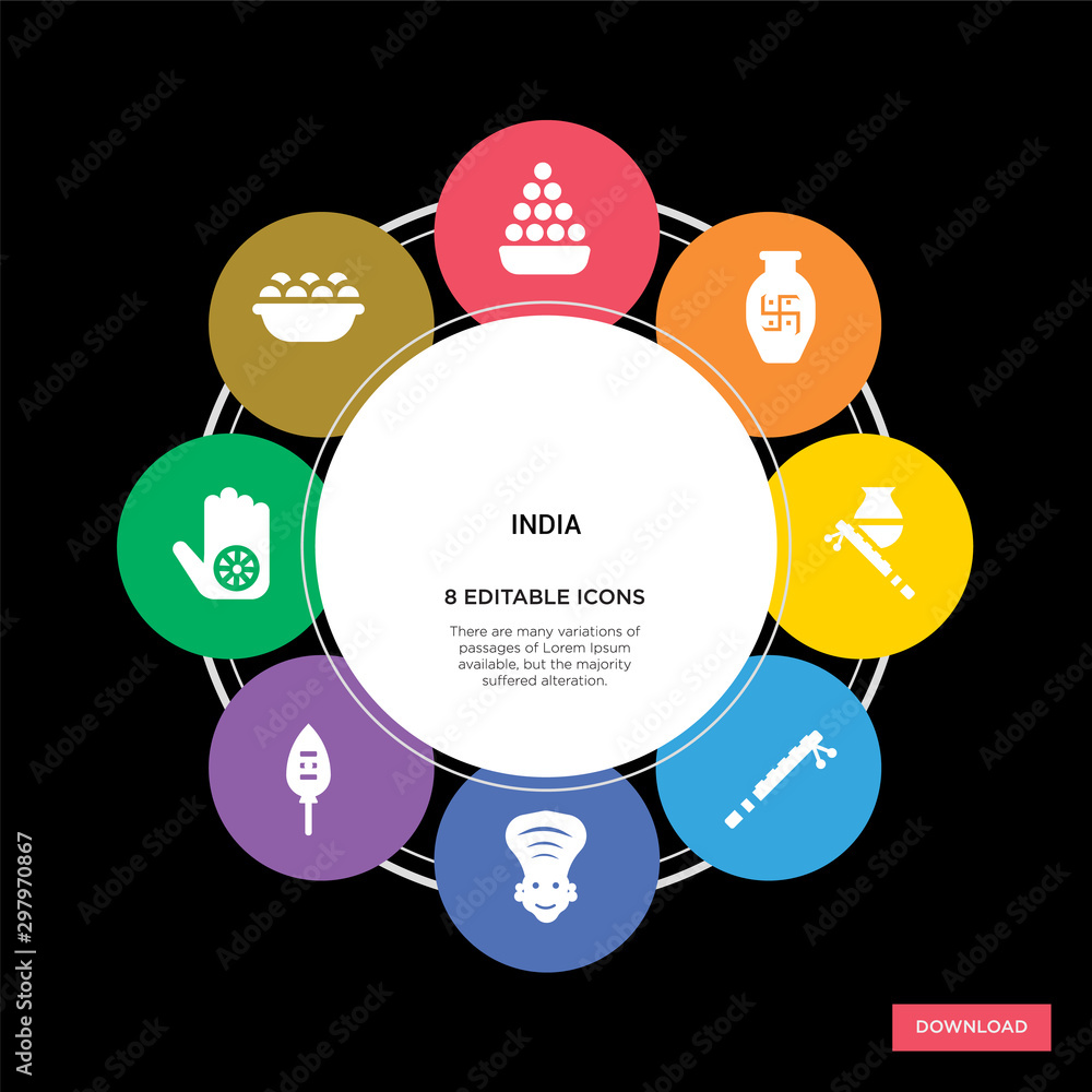 8 india concept icons infographic design. india concept infographic design on black background 8 india concept icons infographic design. india concept infographic design on black background