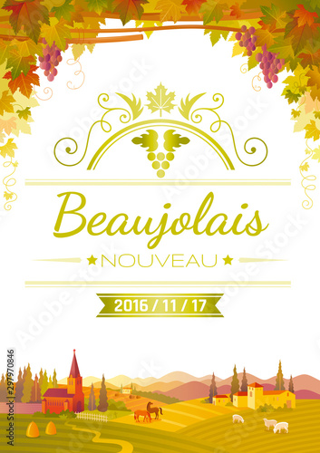 Wine festival poster. For wine party invitation, beaujolais nouveau fest. Autumn vector illustration.