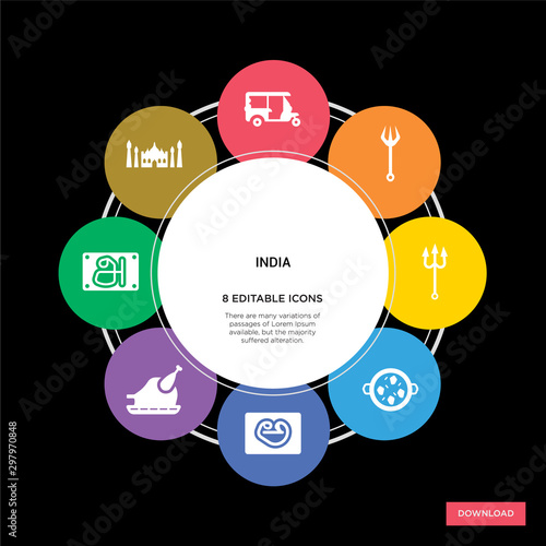 8 india concept icons infographic design. india concept infographic design on black background