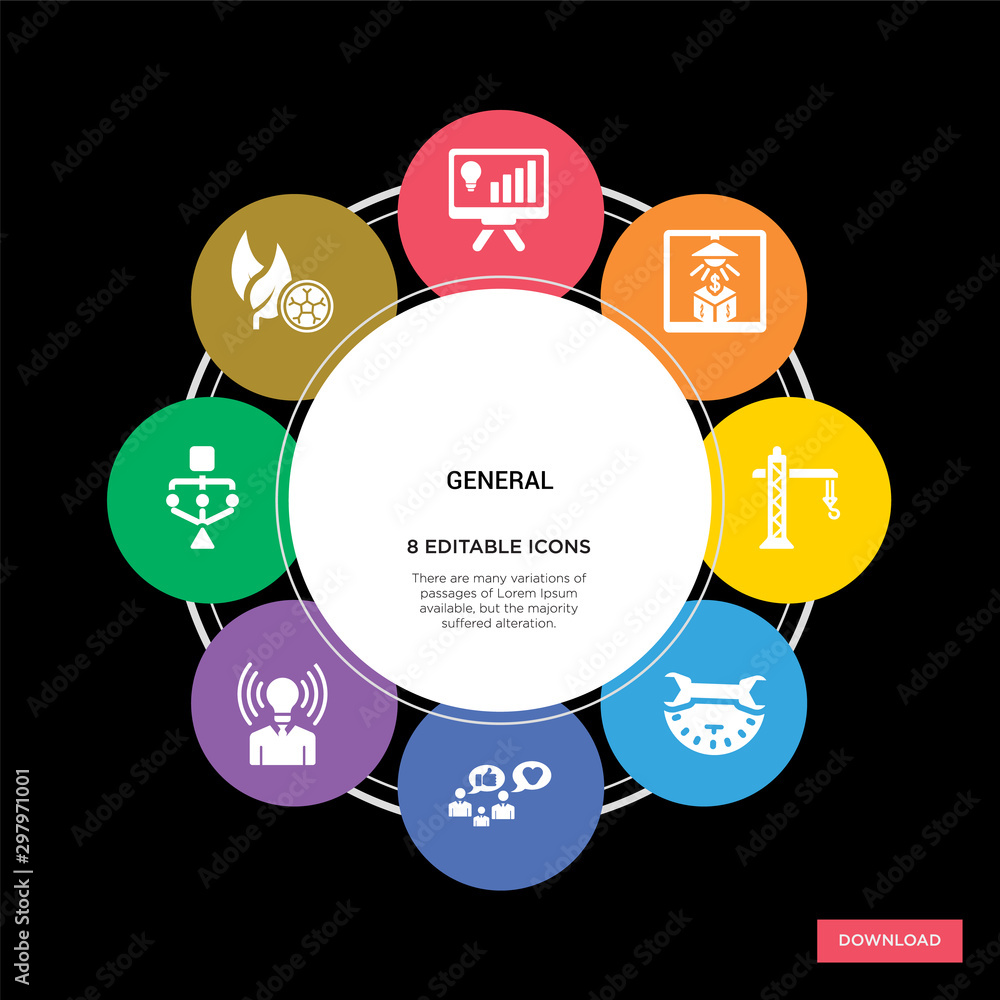 8 general concept icons infographic design. general concept infographic design on black background 8 general concept icons infographic design. general concept infographic design on black background