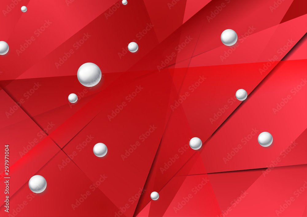 Fototapeta Jasnoczerwona grafika low poly z okrągłymi koralikami. Geometryczne błyszczące kule 3d. Streszczenie tło wielokątne tech. Ilustracja wektorowa