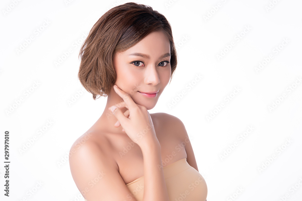 Beautiful young Asian woman touching soft cheek and smile with clean and fresh skin. Happiness and cheerful with, isolated on white background, Beauty and Cosmetics Concept, Beautiful young Asian woman touching soft cheek and smile with clean and fresh skin. Happiness and cheerful with, isolated on white background, Beauty and Cosmetics Concept,