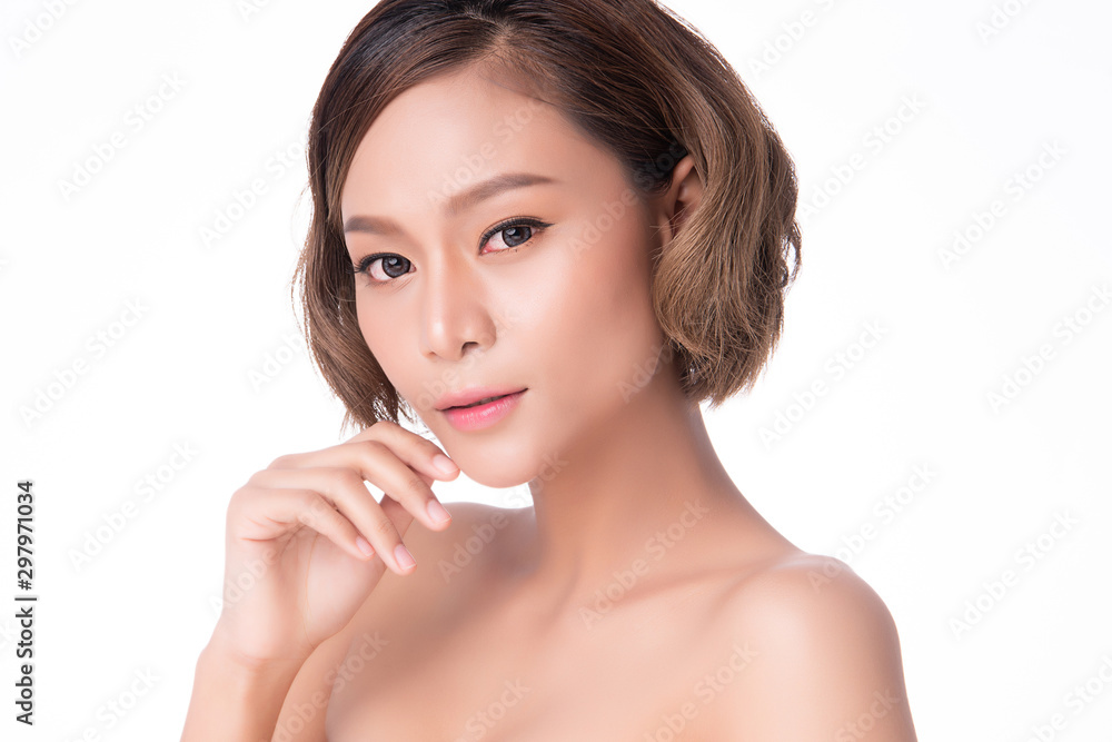 Beautiful young Asian woman touching soft cheek and smile with clean and fresh skin. Happiness and cheerful with, isolated on white background, Beauty and Cosmetics Concept, Beautiful young Asian woman touching soft cheek and smile with clean and fresh skin. Happiness and cheerful with, isolated on white background, Beauty and Cosmetics Concept,