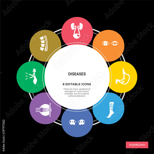 8 diseases concept icons infographic design. diseases concept infographic design on black background