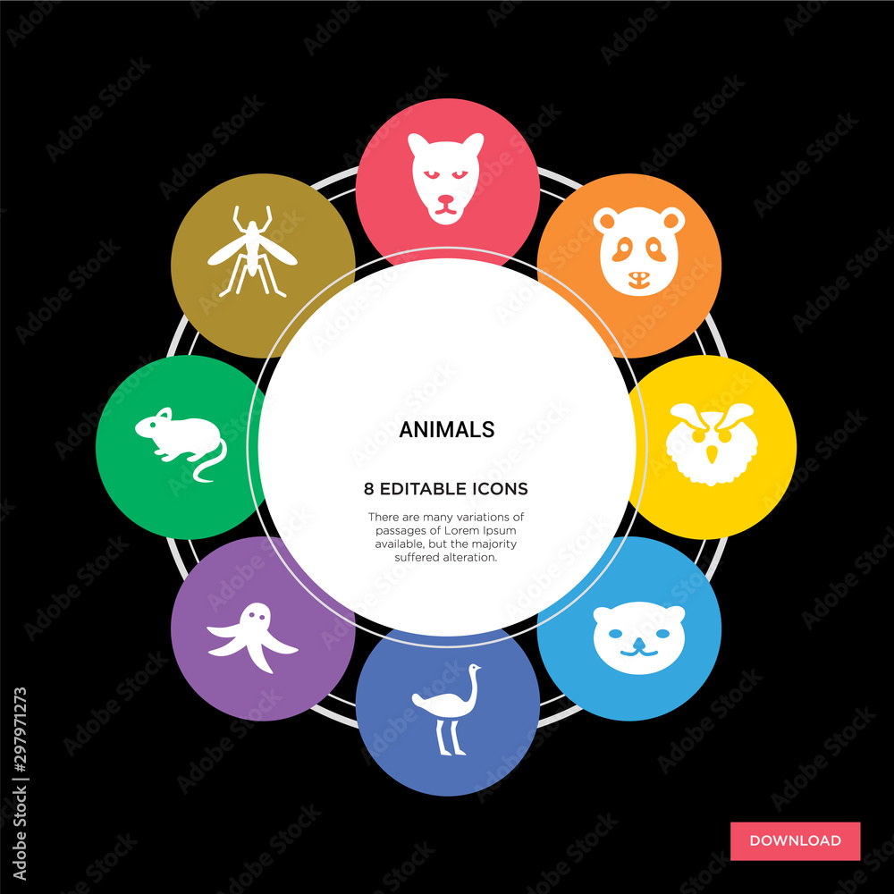 Obraz premium 8 animals concept icons infographic design. animals concept infographic design on black background