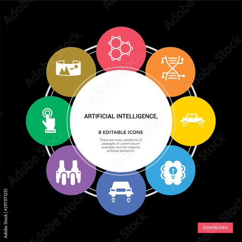 8 artificial intelligence, concept icons infographic design. artificial intelligence, concept infographic design on black background