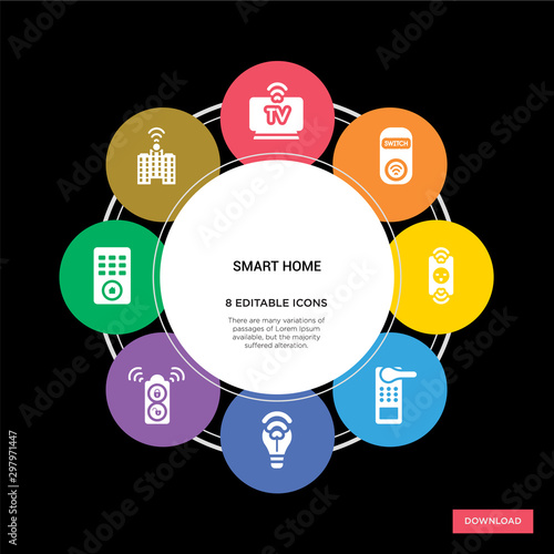 8 smart home concept icons infographic design. smart home concept infographic design on black background
