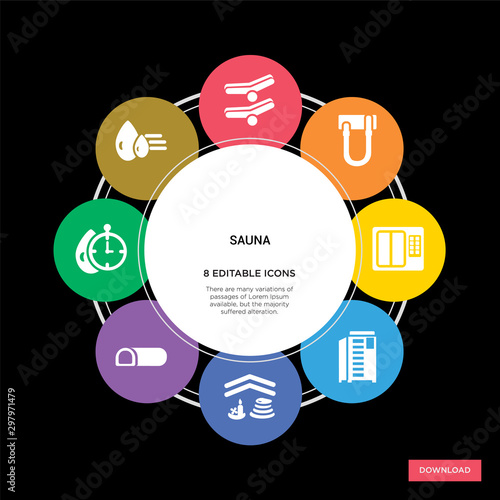 8 sauna concept icons infographic design. sauna concept infographic design on black background photo