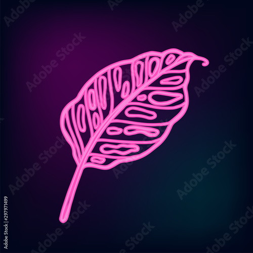 Tropical neon leaf. Vector isolated illustration on dark background.