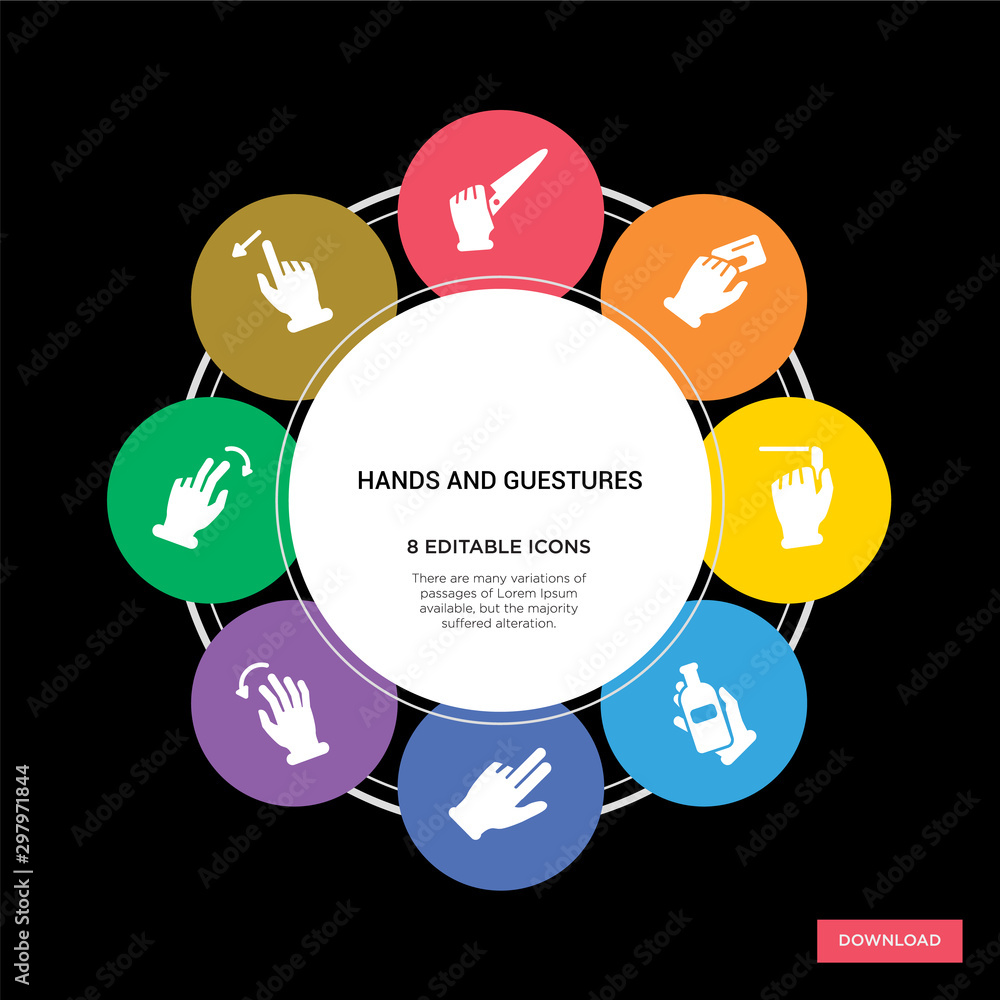 8 hands and guestures concept icons infographic design. hands and guestures concept infographic design on black background 8 hands and guestures concept icons infographic design. hands and guestures concept infographic design on black background