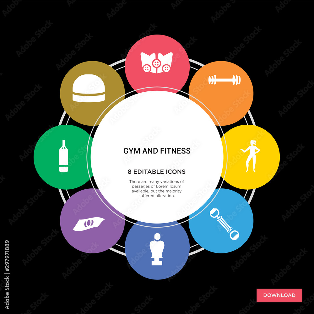 8 gym and fitness concept icons infographic design. gym and fitness concept infographic design on black background 8 gym and fitness concept icons infographic design. gym and fitness concept infographic design on black background