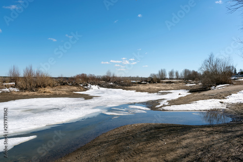 Spring Bay of the river with clear water and ice and snow on the sandy shore in the afternoon under the blue sky.