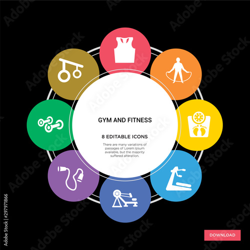 8 gym and fitness concept icons infographic design. gym and fitness concept infographic design on black background
