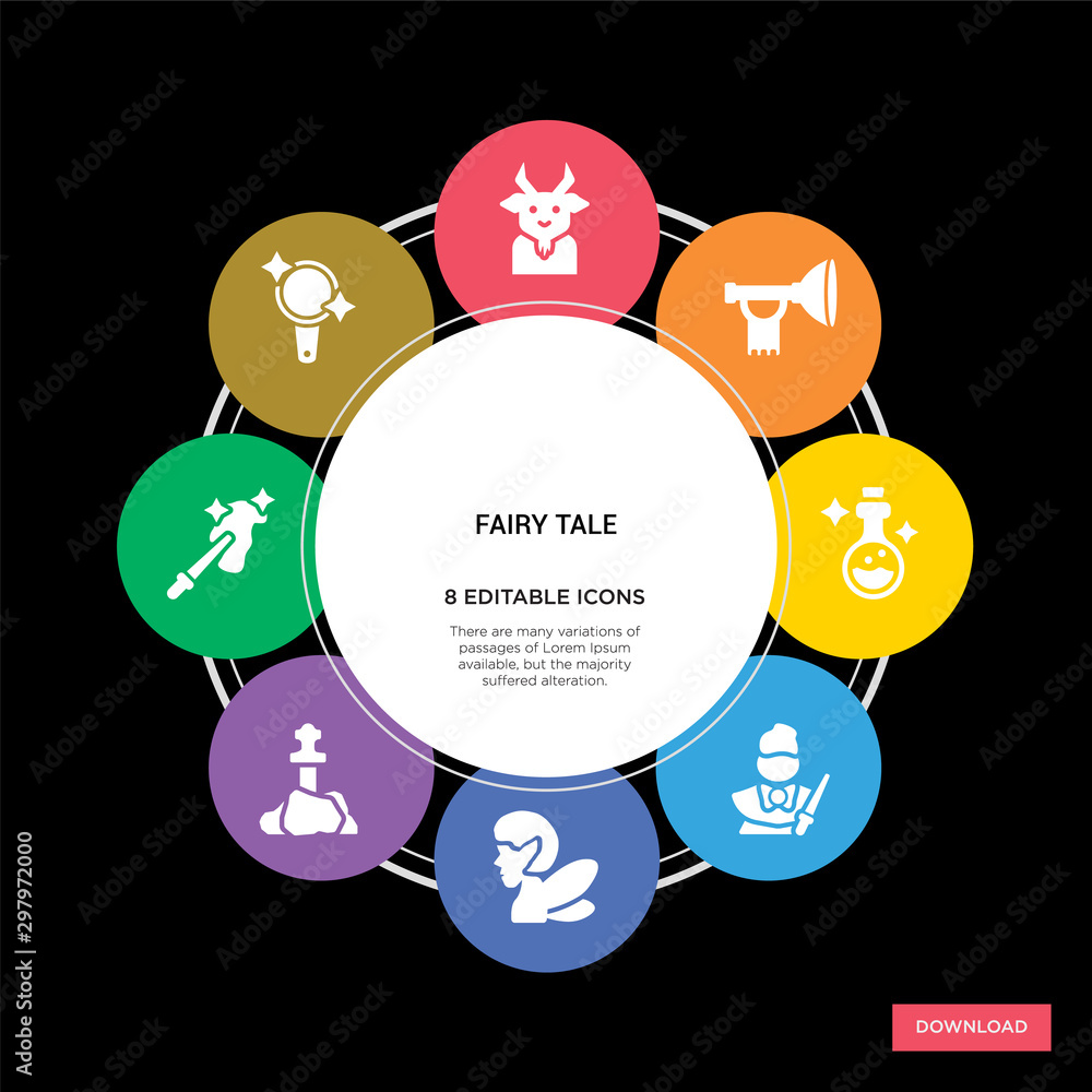 8 fairy tale concept icons infographic design. fairy tale concept infographic design on black background 8 fairy tale concept icons infographic design. fairy tale concept infographic design on black background