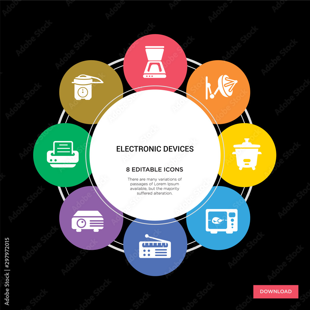 8 electronic devices concept icons infographic design. electronic devices concept infographic design on black background 8 electronic devices concept icons infographic design. electronic devices concept infographic design on black background