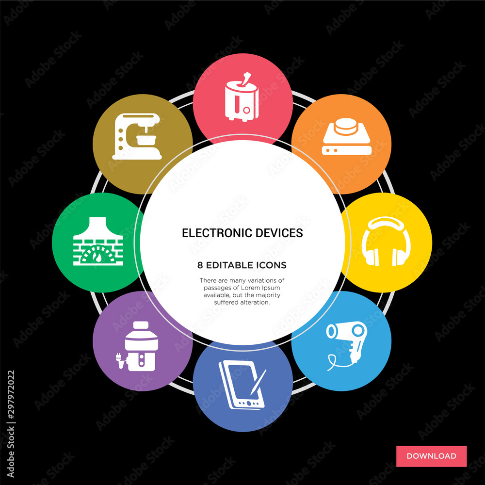 8 electronic devices concept icons infographic design. electronic devices concept infographic design on black background 8 electronic devices concept icons infographic design. electronic devices concept infographic design on black background