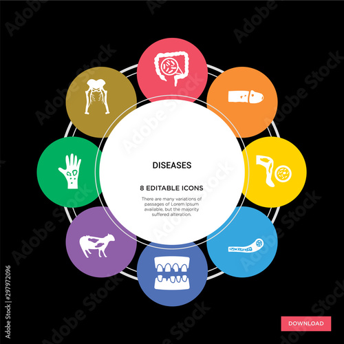 8 diseases concept icons infographic design. diseases concept infographic design on black background