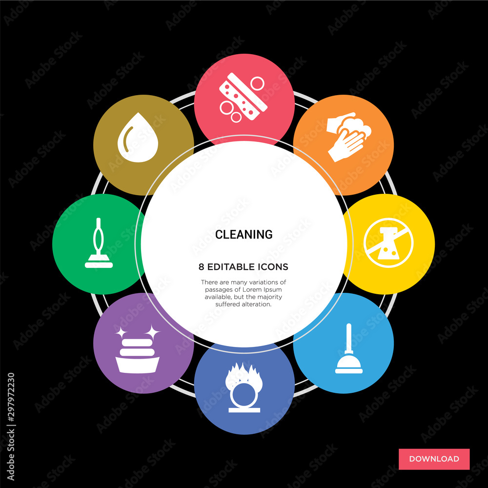 8 cleaning concept icons infographic design. cleaning concept infographic design on black background 8 cleaning concept icons infographic design. cleaning concept infographic design on black background