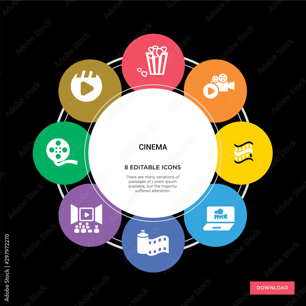 8 cinema concept icons infographic design. cinema concept infographic design on black background 8 cinema concept icons infographic design. cinema concept infographic design on black background