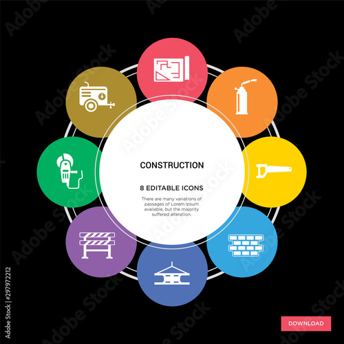 8 construction concept icons infographic design. construction concept infographic design on black background