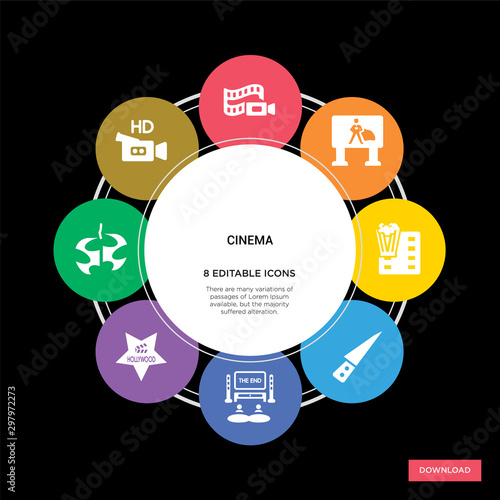 8 cinema concept icons infographic design. cinema concept infographic design on black background