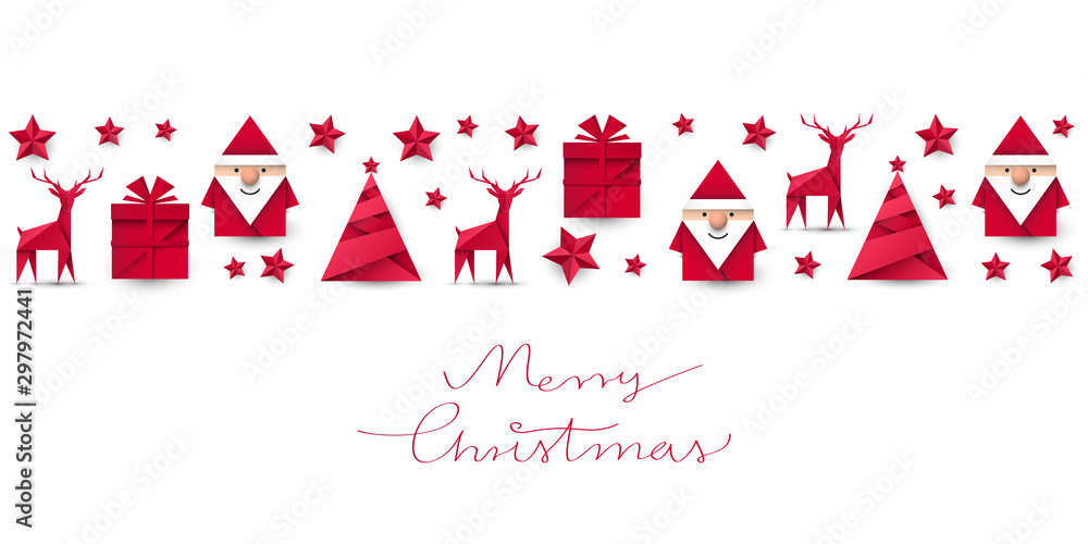 Święty Mikołaj, renifer, choinka i prezent origami. Kartka z życzeniami wektor. - obrazy, fototapety, plakaty 