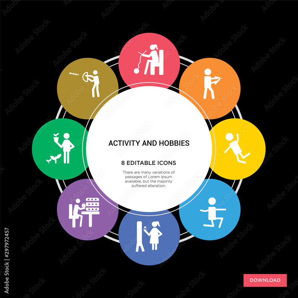 8 activity and hobbies concept icons infographic design. activity and hobbies concept infographic design on black background 8 activity and hobbies concept icons infographic design. activity and hobbies concept infographic design on black background