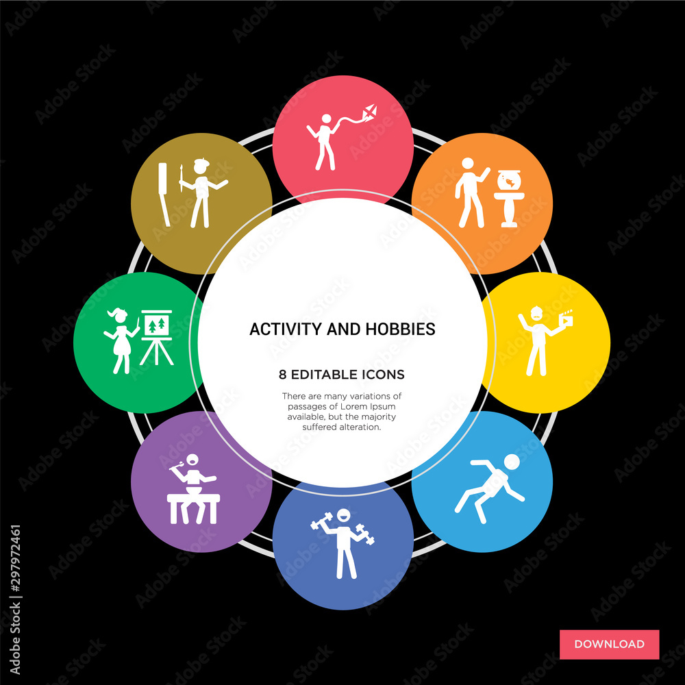 8 activity and hobbies concept icons infographic design. activity and hobbies concept infographic design on black background 8 activity and hobbies concept icons infographic design. activity and hobbies concept infographic design on black background