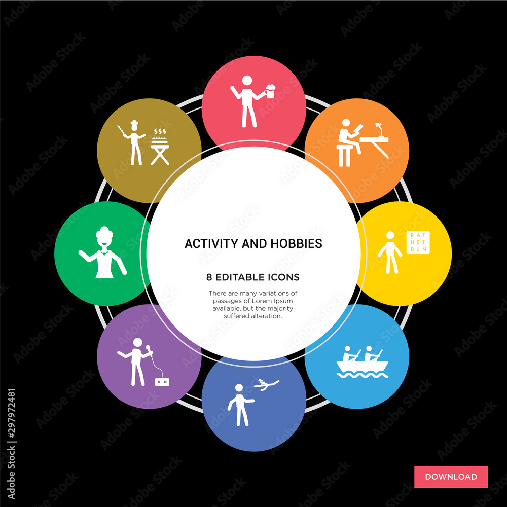8 activity and hobbies concept icons infographic design. activity and hobbies concept infographic design on black background 8 activity and hobbies concept icons infographic design. activity and hobbies concept infographic design on black background
