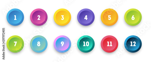 Circle 3d icon set with number bullet point from 1 to 12. 