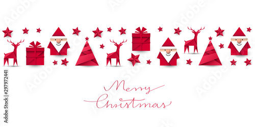 Święty Mikołaj, renifer, choinka i prezent origami. Kartka z życzeniami wektor.