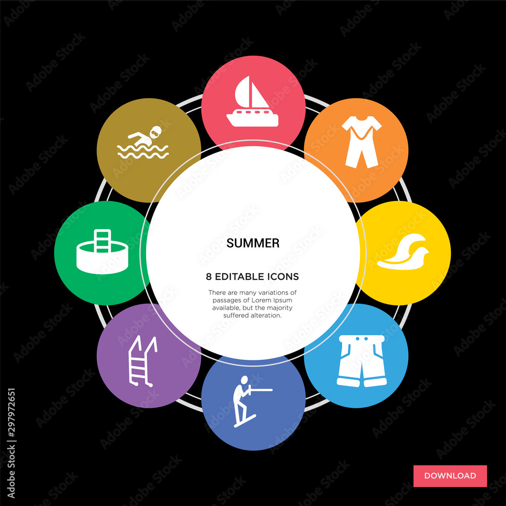 8 summer concept icons infographic design. summer concept infographic design on black background 8 summer concept icons infographic design. summer concept infographic design on black background