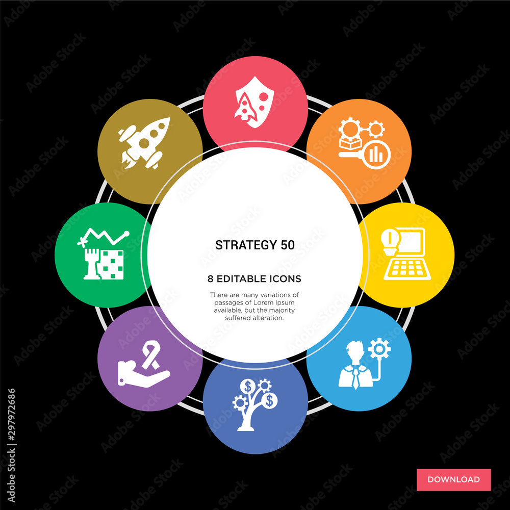 8 strategy 50 concept icons infographic design. strategy 50 concept infographic design on black background 8 strategy 50 concept icons infographic design. strategy 50 concept infographic design on black background