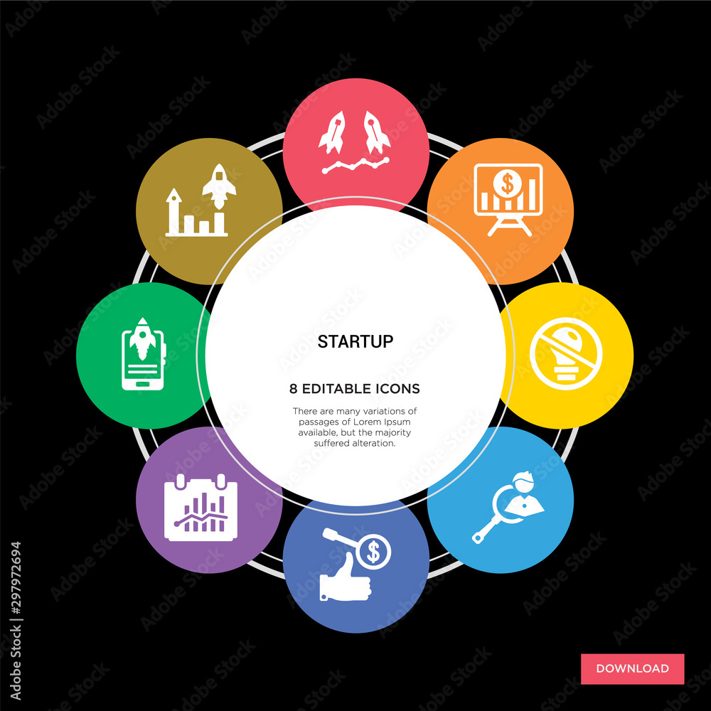 8 startup concept icons infographic design. startup concept infographic design on black background 8 startup concept icons infographic design. startup concept infographic design on black background