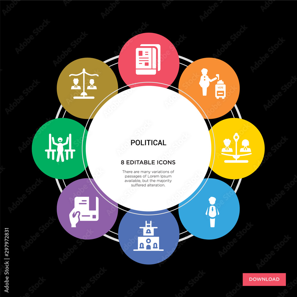 8 political concept icons infographic design. political concept infographic design on black background 8 political concept icons infographic design. political concept infographic design on black background