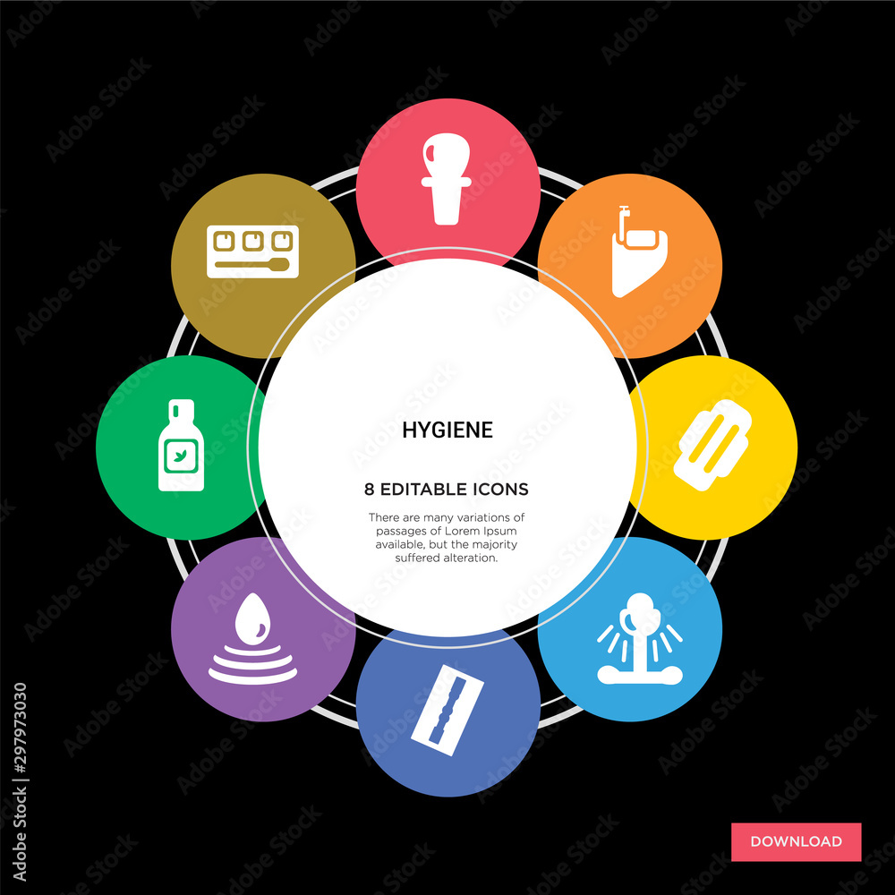8 hygiene concept icons infographic design. hygiene concept infographic design on black background 8 hygiene concept icons infographic design. hygiene concept infographic design on black background