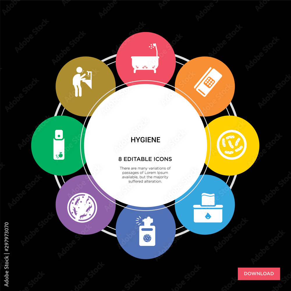 8 hygiene concept icons infographic design. hygiene concept infographic design on black background 8 hygiene concept icons infographic design. hygiene concept infographic design on black background