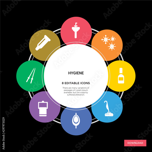 8 hygiene concept icons infographic design. hygiene concept infographic design on black background