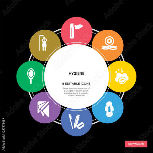 8 hygiene concept icons infographic design. hygiene concept infographic design on black background