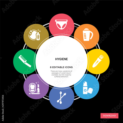 8 hygiene concept icons infographic design. hygiene concept infographic design on black background