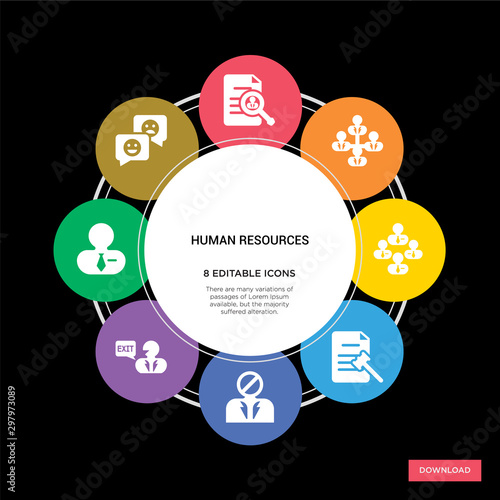 8 human resources concept icons infographic design. human resources concept infographic design on black background