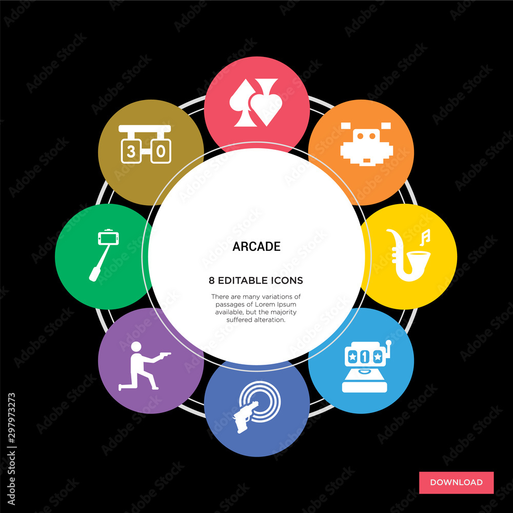 Fotografie 8 arcade concept icons infographic design